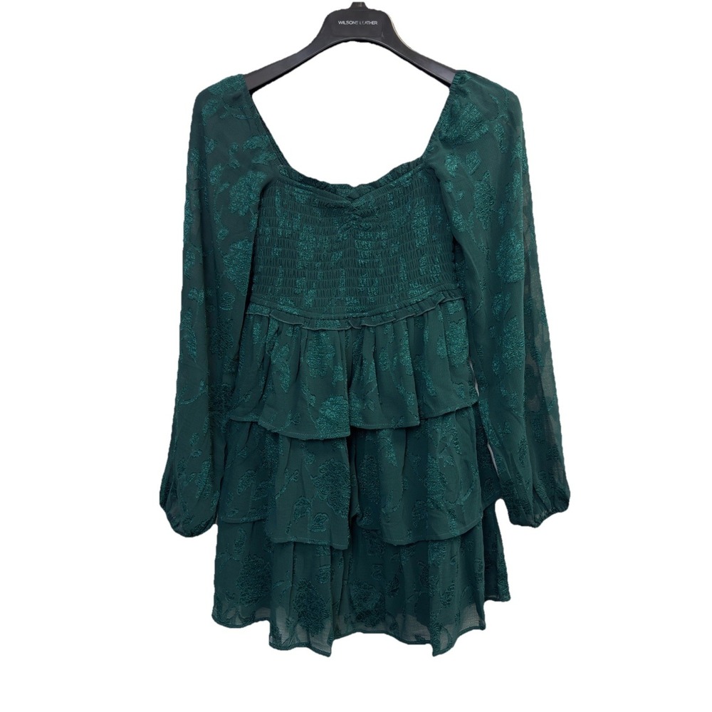 Juniors Size XS Long Sleeve Floral Burnout Dress Dark Green‎ Smocked Tiered